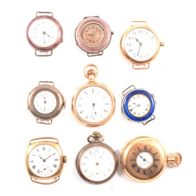 Lot 281 - Waltham 9ct gold cased wristwatch, other enamelled wristwatches and two fob watches