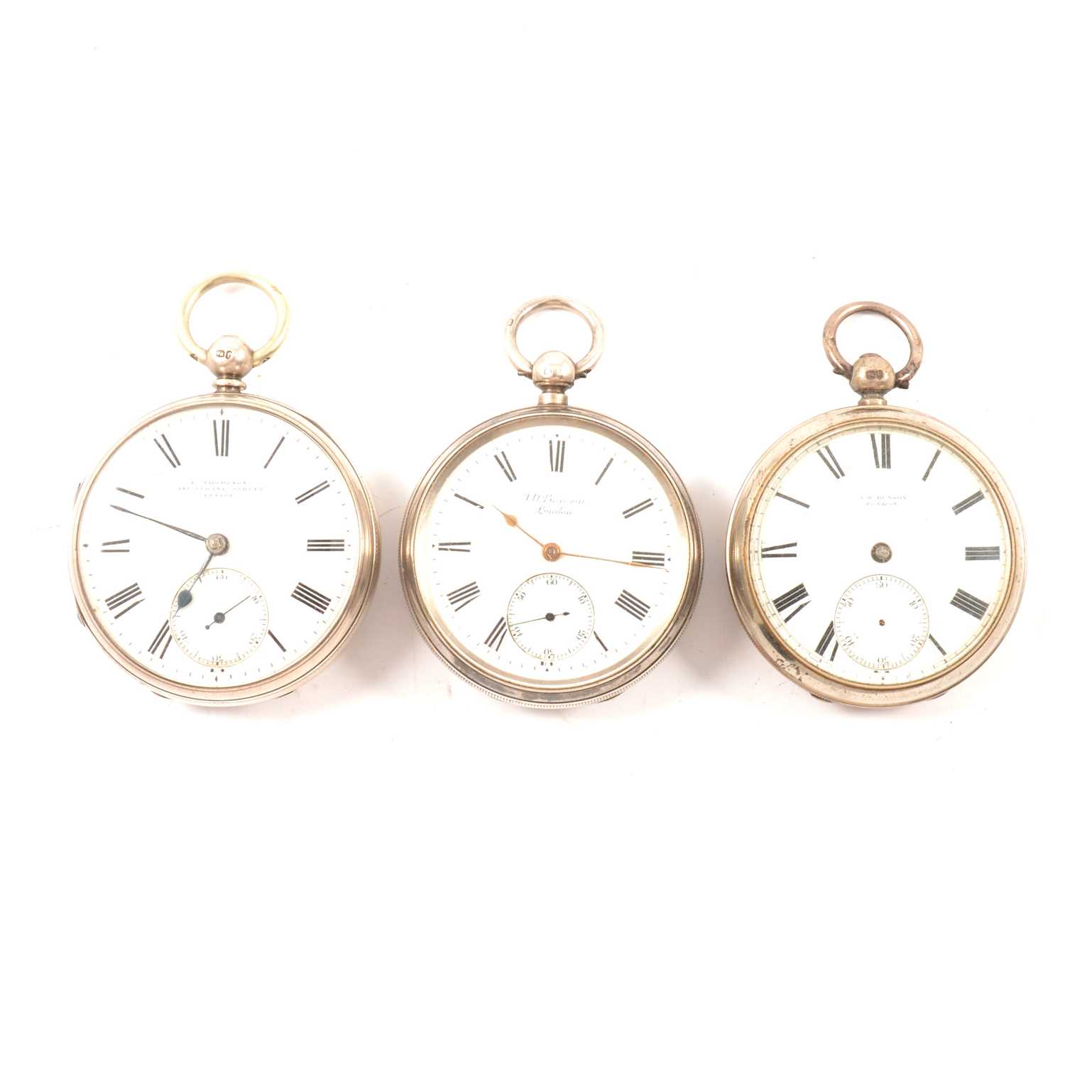 Lot 73 - Three silver cased open faced pocket watches, keywind movements