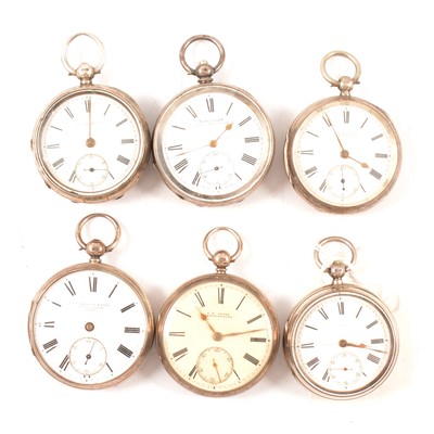 Lot 61 - Six silver cased open faced pocket watches, varying condition.