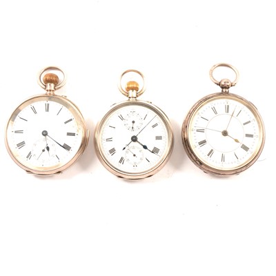 Lot 81 - Two silver cased open face pocket watch stop watches and another silver cased striking pocket watch