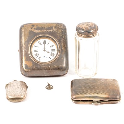 Lot 314 - Nickel-plated 8 days pocket watch in silver mounted travelling case, and other silver items.