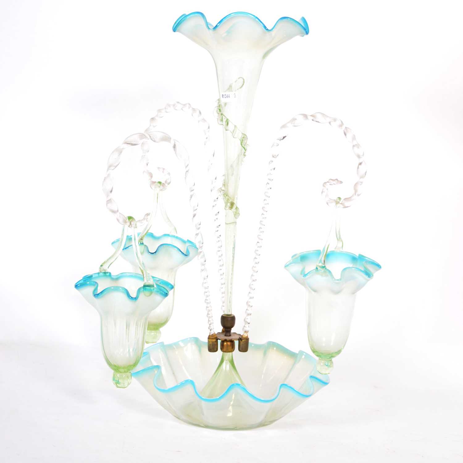 Lot 95 - Victorian blue tinted and opaline glass epergne.