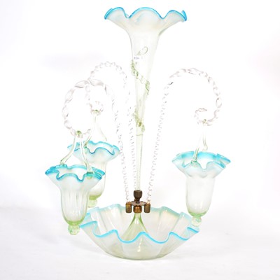 Lot 95 - Victorian blue tinted and opaline glass epergne.