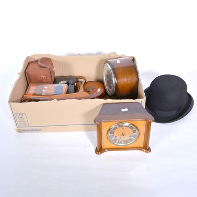 Lot 169 - Two Smiths mantel clocks; a pair of Soviet binoculars, Bowler hat etc
