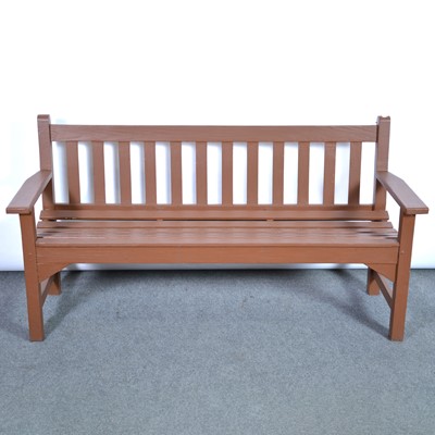Lot 474 - Stained teak garden bench, and two matching...