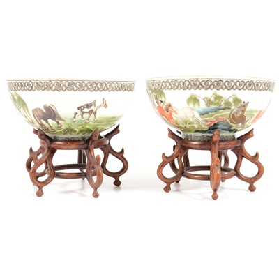 Lot 2 - Pair of Chinese porcelain bowls, on wooden stands