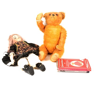 Lot 136 - Three vintage teddy bears, doll and collecting books.