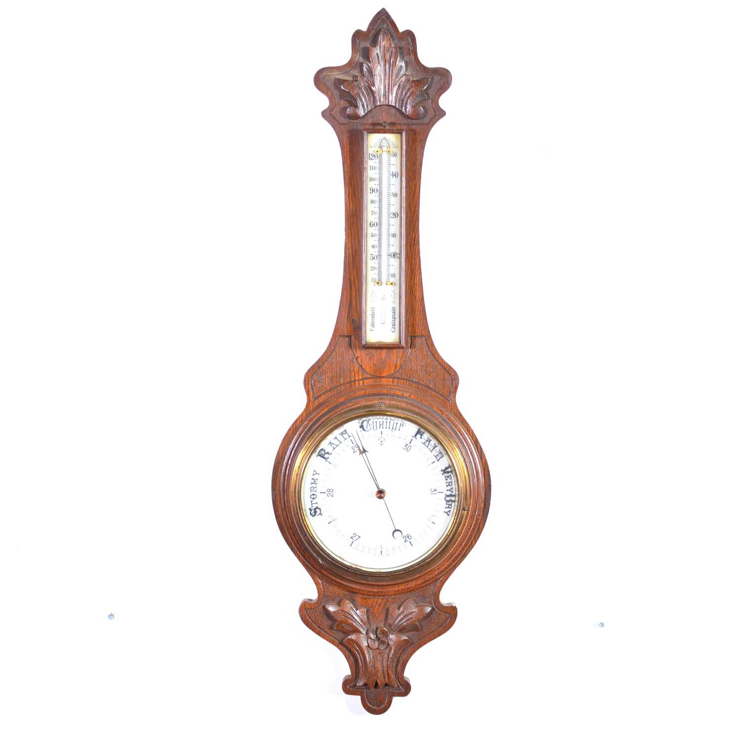 Lot 371 - Victorian oak cased aneroid barometer and thermometer