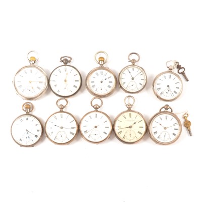 Lot 55 - Ten silver cased open faced pocket watches, varying condition.