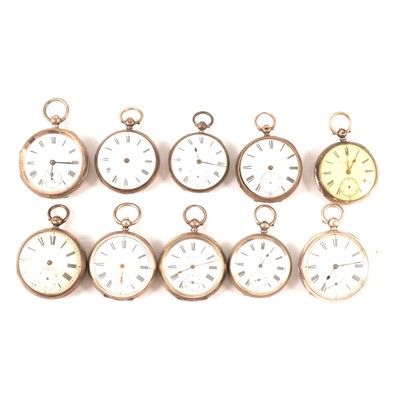 Lot 57 - Ten silver cased open faced pocket watches, varying condition.