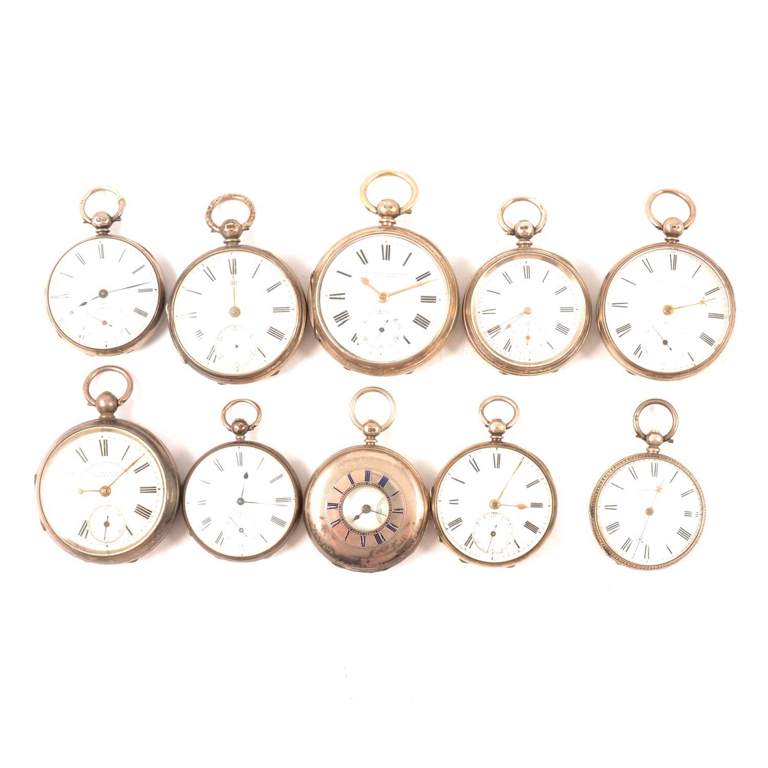 Lot 56 - Ten silver cased open faced pocket watches, varying condition.