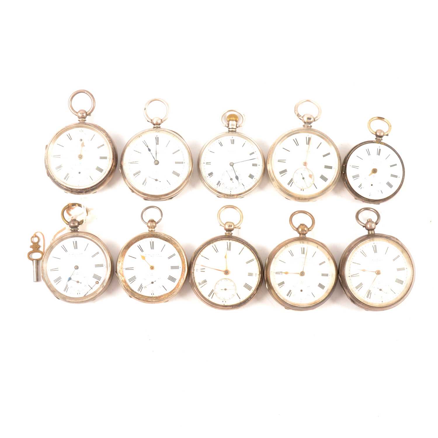 Lot 58 - Ten silver cased open faced pocket watches, varying condition.