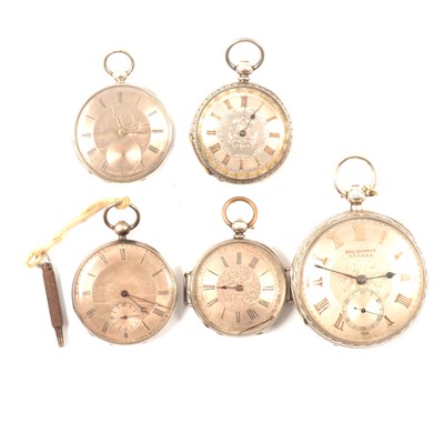 Lot 83 - Five silver cased open faced pocket watches, engraved dials