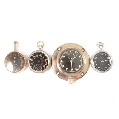 Lot 213 - Nickel cased car clock and three pocket watches