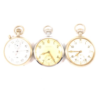 Lot 219 - Two military nickel cased pocket watches, and a stop watch