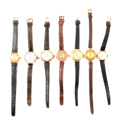 Lot 279 - Seven vintage lady's 9ct gold cased wristwatches