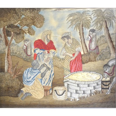 Lot 481 - Three 19th-century needlework panels depicting biblical scenes