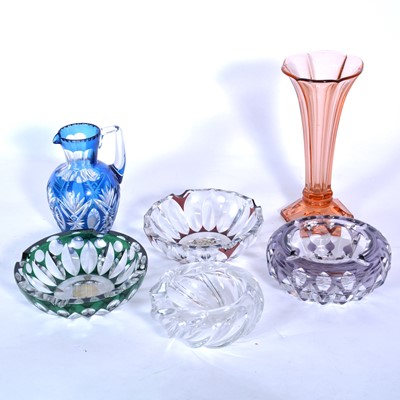 Lot 89 - Four Val st Lambert ashtrays, an overlaid glass jug, and a vase