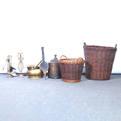 Lot 403 - Large cane log basket, fireside accessories