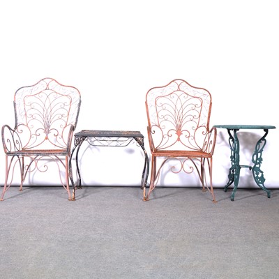 Lot 378 - Pair of wirework garden chairs, similar square table and a cast metal circular table.