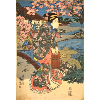 Lot 531 - Kunisada, Lady of Fashion - Plum Blossom near the River, and other Oriental prints.