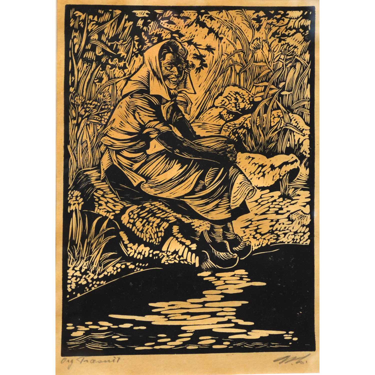 Lot 356 - Continental woodblock, woman by a river.