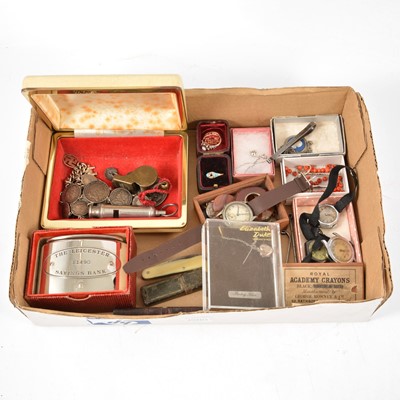 Lot 254 - A tray of vintage collectables, coins, fruit knives, watches, whistles.