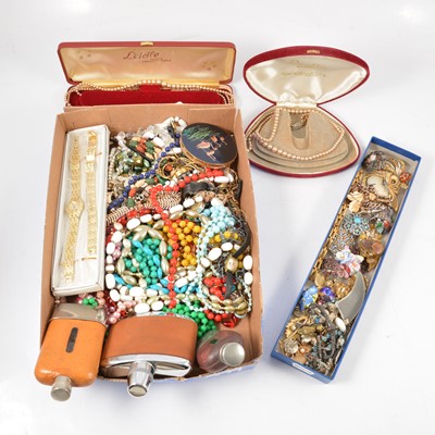 Lot 265 - A collection of costume jewellery, hip flasks.