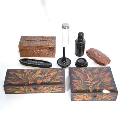 Lot 190 - Two Mauchline Fern Ware boxes, ebony pieces, sewing set