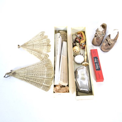 Lot 191 - A collection of fans, pair of infants shoes, plated purse, beaded purse, bone cup and ball.