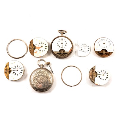 Lot 121 - Five Hebdomas pocket watch movements and a silver case