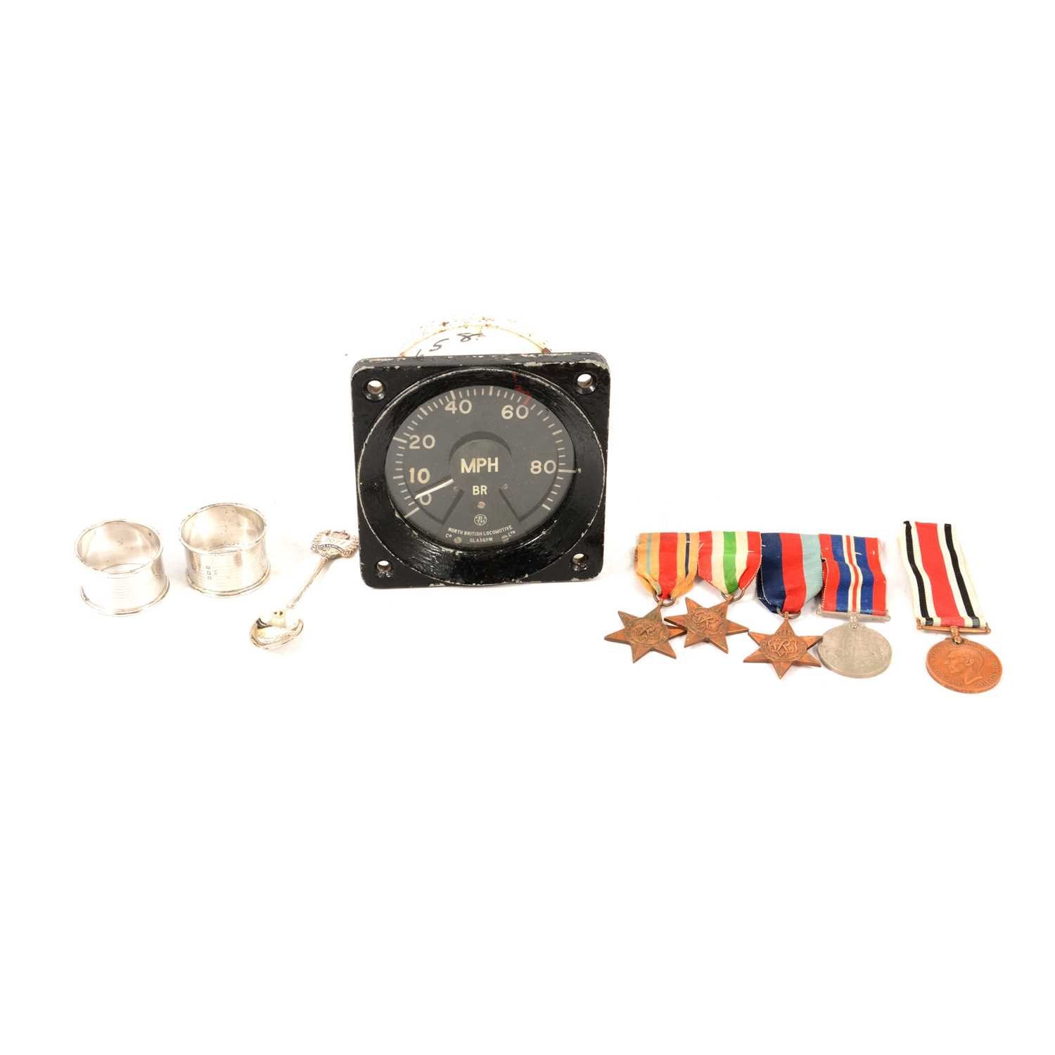 Lot 292 - British Rail Locomotive gauge, WW2 and other medals, RAOB jewel, silver napkin rings, and coins.