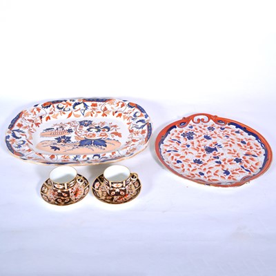 Lot 94 - Two Royal Crown Derby Imari pattern cups and saucers, a 19th century tray, and meat platter.