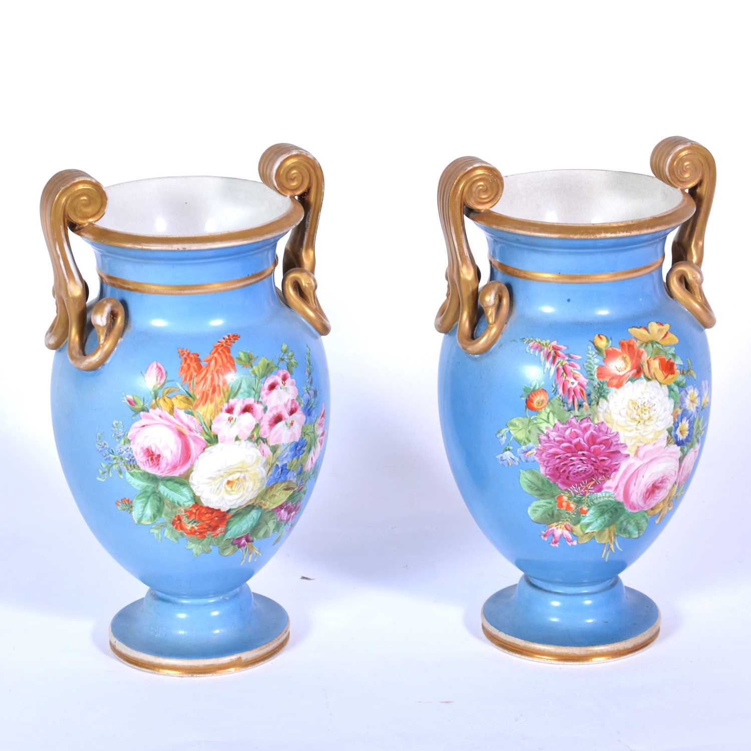 Lot 43 - Pair of 19th century pottery vases, hand-painted with floral bouquets