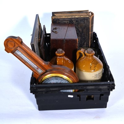 Lot 202 - Stoneware flagons, barometer, hand mirror, family Bible, Northamptonshire map, writing slope and tins.