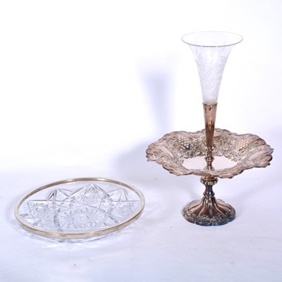 Lot 157 - Silver-plated comport, and German glass platter with white metal rim.