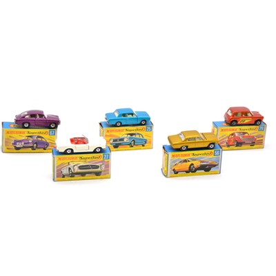 Lot 1112 - Five Matchbox Superfast die-cast models including no.67 Volkswagen 1600TL