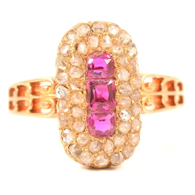 Lot 64 - A pink stone and rose cut diamond rectangular cluster ring.