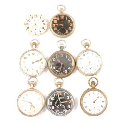 Lot 212 - Seven military issue pocket watches and a separate movement