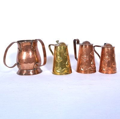 Lot 138 - Three Arts and Crafts water jugs and covers, by Joseph Sankey & Sons