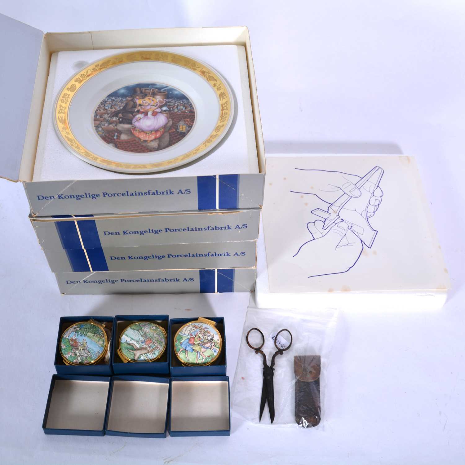 Lot 123 - English Enamels pill boxes, Royal Copenhagen collectors' plates, penknife and scissors.