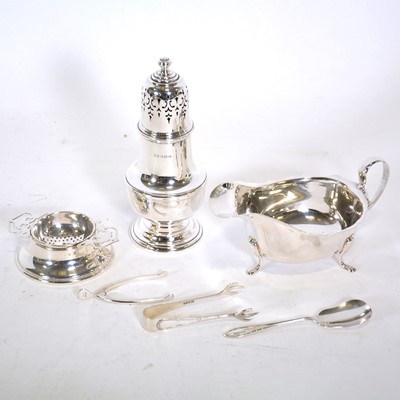 Lot 290 - Silver sauce boat, Viner's Ltd, Sheffield 1934, sugar caster, and other small silver.