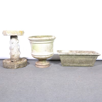 Lot 265 - Haddonstone style stone pedestal jardiniere, rectangular planter and a bird bath