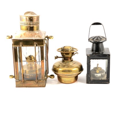 Lot 220 - Brass lantern, hand lamps, postal scales and weights, letterboxes and other metal wares.