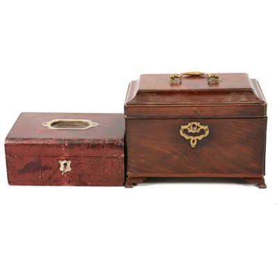 Lot 135 - George III mahogany tea caddy, and burgundy leather jewellery box.