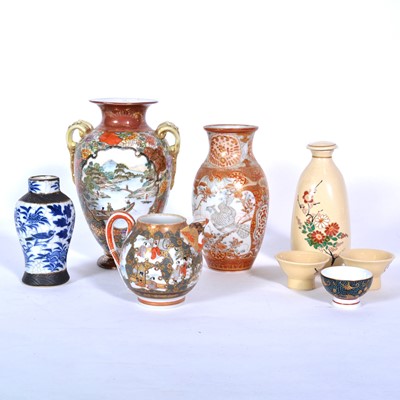 Lot 92 - Three Kutani ware items, Sake bottle and cups, and another small vase