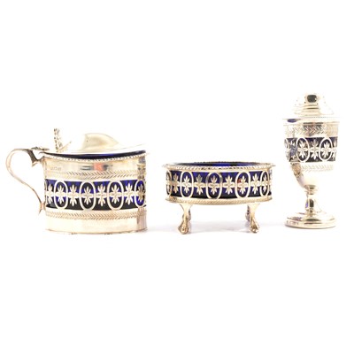 Lot 143 - Silver three-piece condiment set, S Blanckensee & Son Ltd, Birmingham 1920.