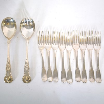 Lot 288 - Pair of silver salad servers, James Dixon & Sons Ltd, Sheffield 1954, and other flatware.