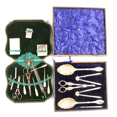 Lot 164 - Silver-plated fruit and nut serving set, and lady's sewing set.