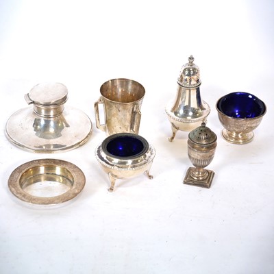 Lot 336 - Silver capstan inkwell, Charles Boyton & Son Ltd, London 1925, and other silver wares.